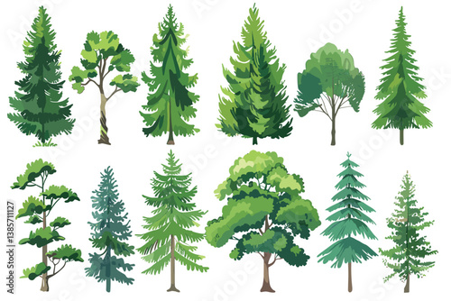 Green trees over white background set graphic clipart design.