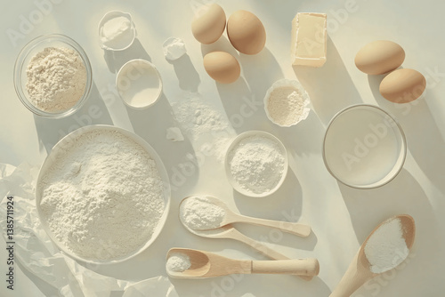Top View of Basic Baking Ingredients Without Tools: Flour, Sugar, Eggs, Butter, and Milk photo
