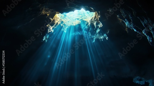 Mystical underwater cave with ethereal light and philosophical Chinese text overlay