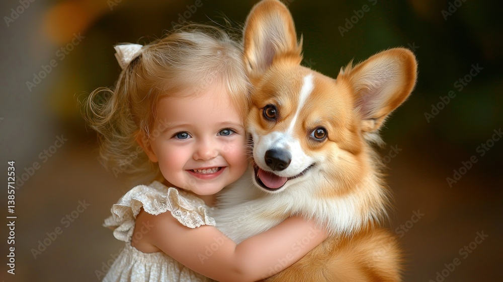 Girl embraces corgi dog, sharing a sweet, genuine smile in a soft outdoor setting Girl embraces corgi dog, sharing a sweet, genuine smile in a soft outdoor setting