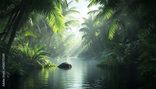Tropical jungle landscape with a river in the middle,