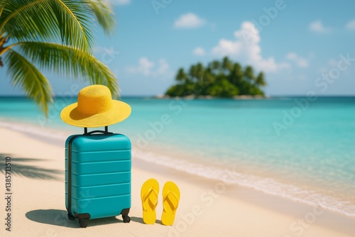 Vibrant Beach Setting With a Suitcase and Flip-Flops Under the Sun