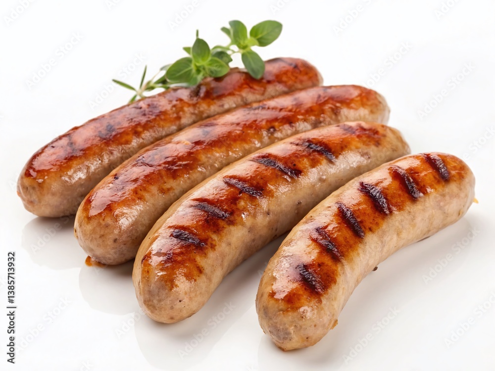 Juicy Grilled Pork Sausages Ready to Eat, Isolated on White Background Juicy Grilled Pork Sausages Ready to Eat, Isolated on White Background