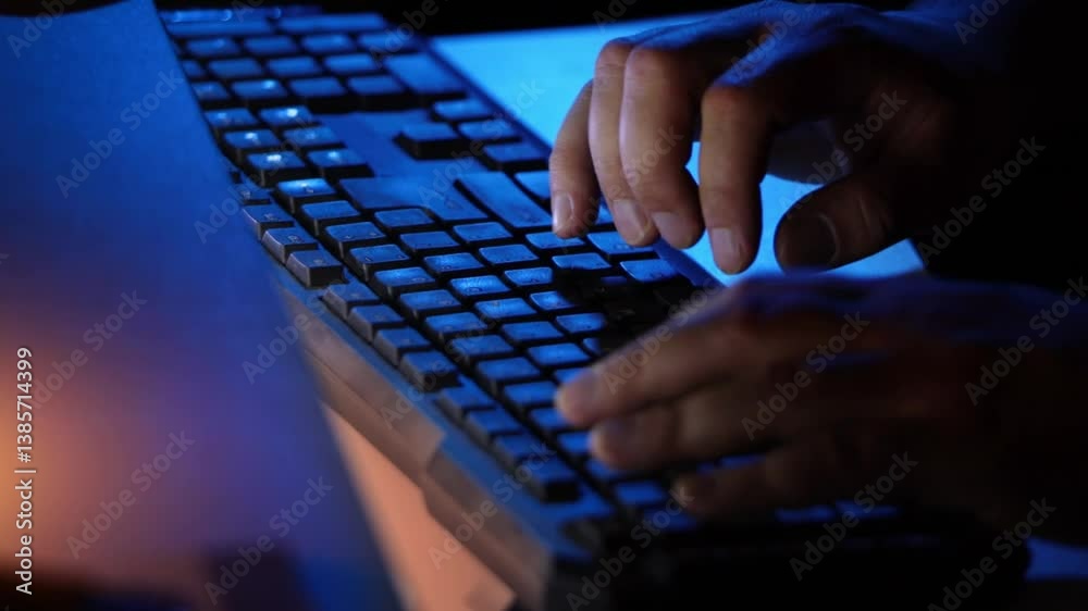 Hands typing on a computer keyboard at night. Internet safety. Working on a computer late at night. Writing replies or comments. Black keyboard and hands with soft lighting. Cybercrime.