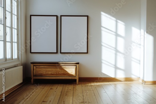 Wallpaper Mural Empty frames on wall, sunlight, wooden furniture, interior design mock-up Torontodigital.ca