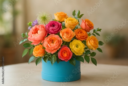 Colorful Floral Arrangement in a Blue Container Displayed on a Table in a Bri...