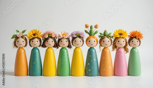 Wooden Flower Peg Dolls on White Background