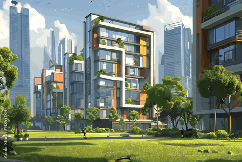 One lonely tree was planted on top of a high buildin in business center surrounded by tall skyscrapers with blue sky and white soft cloulds in background. Concept of nature living in city lifestyle.
