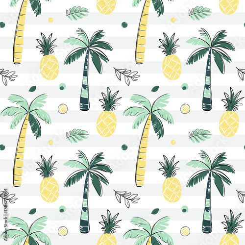 Seamless pattern with palm trees, pineapple. Sketch, line art drawing style. Doodle tropical backckgrounds.