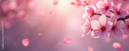 Soft pink sakura petals float gently on a serene background, evoking a sense of gentle spring breeze , sakura, soft