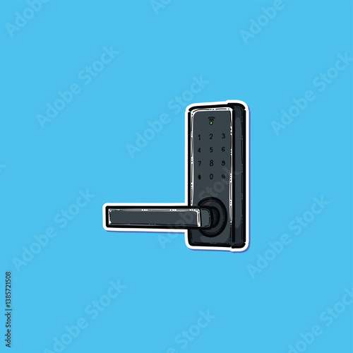 Illustration of a modern smart door lock with digital keypad featuring a sleek black design against a bold blue background, emphasizing innovation and secure technology.