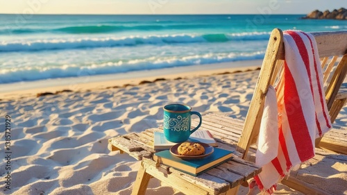 Beach relaxation with coffee, cookie, and a good book