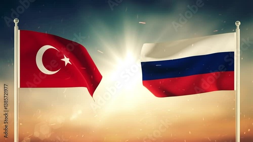 Turkey  And Russia Flags Waving Against Each Other.
Diplomatic concept. Flag Waving. Seamless, Sunset. 3D Dark Video with Textured Detail, 4K Animation.