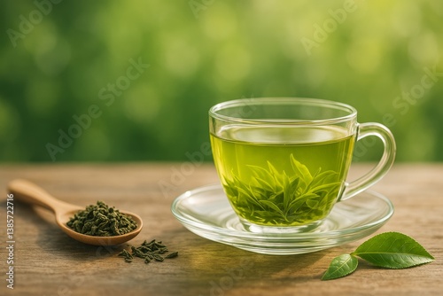 Fresh Green Tea With Leaves in a Glass Cup on Wooden Table in a Serene Nature...