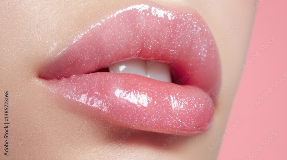Naklejka premium Close up of shiny pink pearl lips with glittery gloss on soft pastel background and healthy skin
