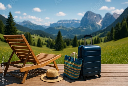Relaxing Mountain Getaway With a Chair, Suitcase, and Tote Bag on a Sunny Day...