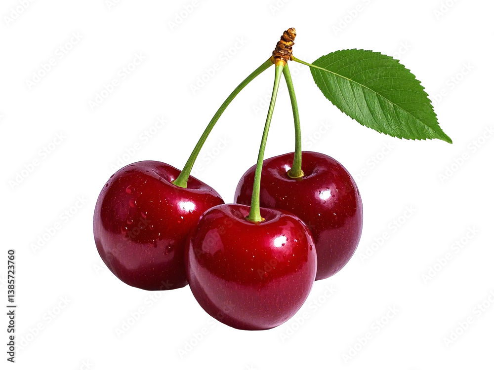 Glossy Ripe Red Cherries with Green Leaf and Single Stem, Fresh Fruit with Water Droplets for Natural and Sweet Appeal PNG Isolated Transparent White Background Stock Object Photo Download Glossy Ripe Red Cherries with Green Leaf and Single Stem, Fresh Fruit with Water Droplets for Natural and Sweet Appeal PNG Isolated Transparent White Background Stock Object Photo Download
