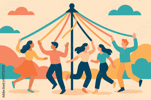 people dancing around maypole, colorful ribbons clip art preview