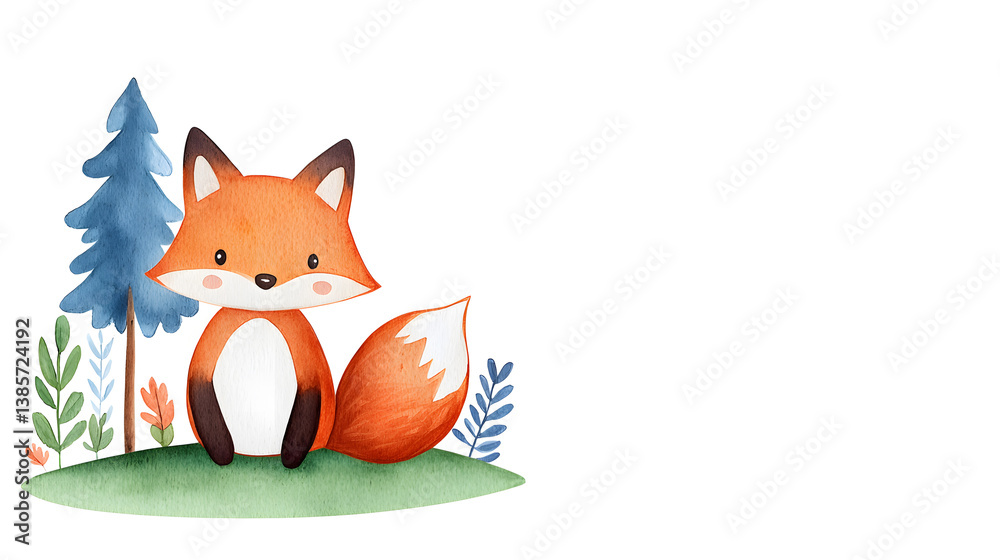 Obraz premium A watercolor frame with cartoon cute fox sitting on grass with copy space for text