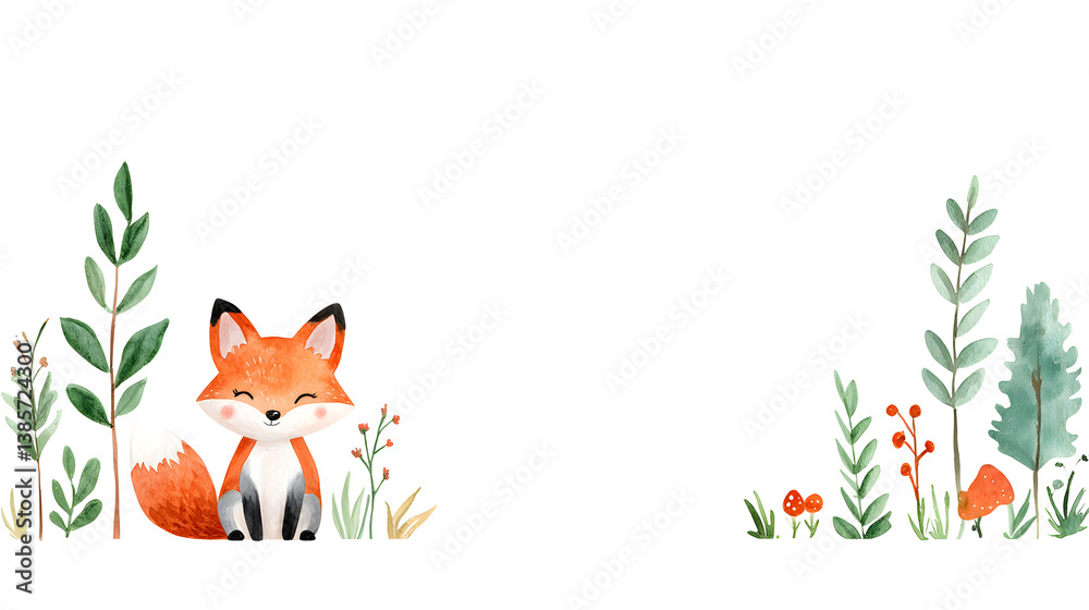 Fototapeta premium A watercolor frame with cartoon cute fox sitting on grass with copy space for text