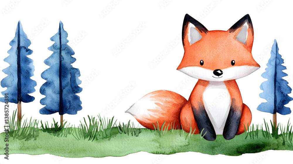 Fototapeta premium A watercolor frame with cartoon cute fox sitting on grass with copy space for text