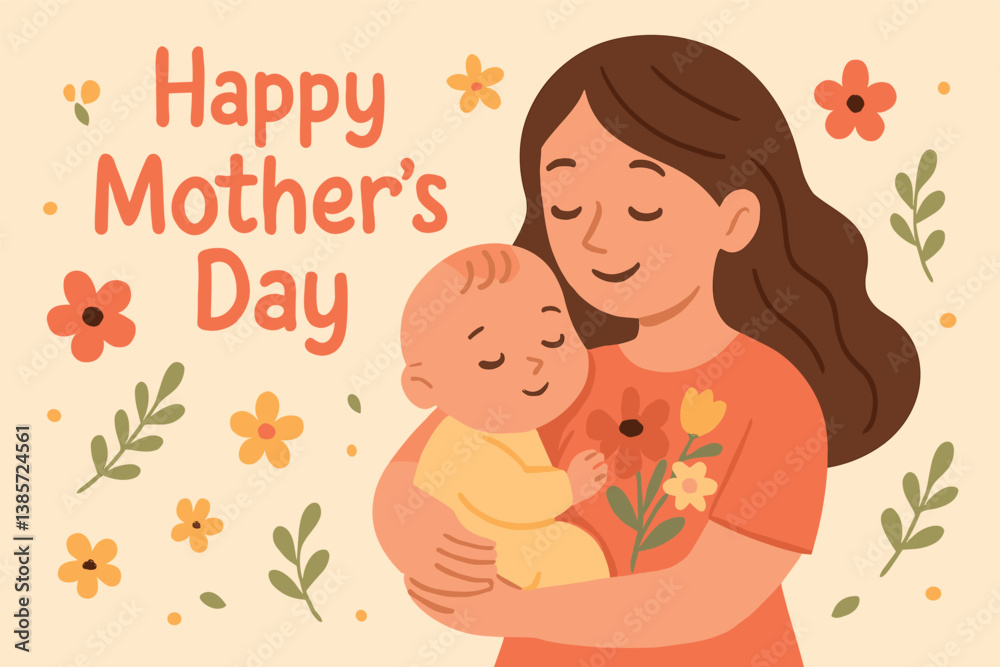 Mother's day celebration with mother and baby surrounded by flowers Mother's day celebration with mother and baby surrounded by flowers