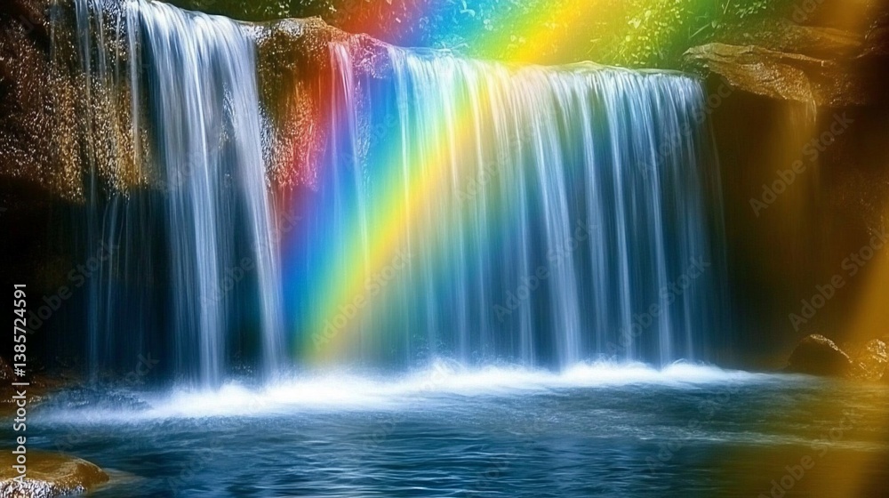 Obraz premium Waterfall with a bright rainbow across, water cascading into pool below