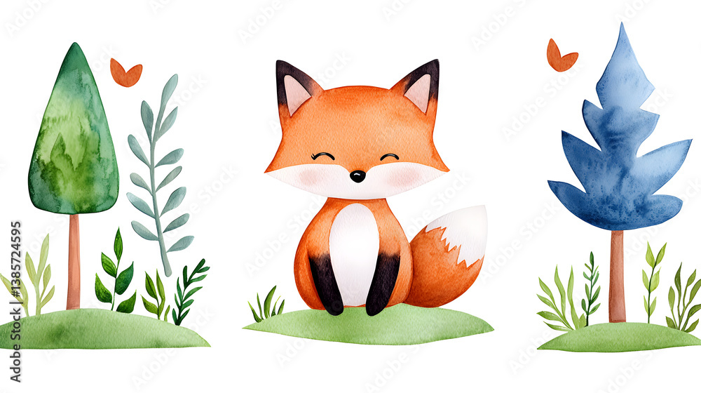 Fototapeta premium A watercolor frame with cartoon cute fox sitting on grass with copy space for text