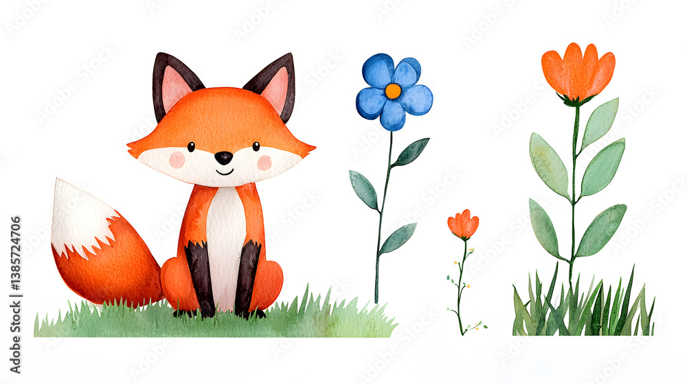 Fototapeta premium A watercolor frame with cartoon cute fox sitting on grass with copy space for text