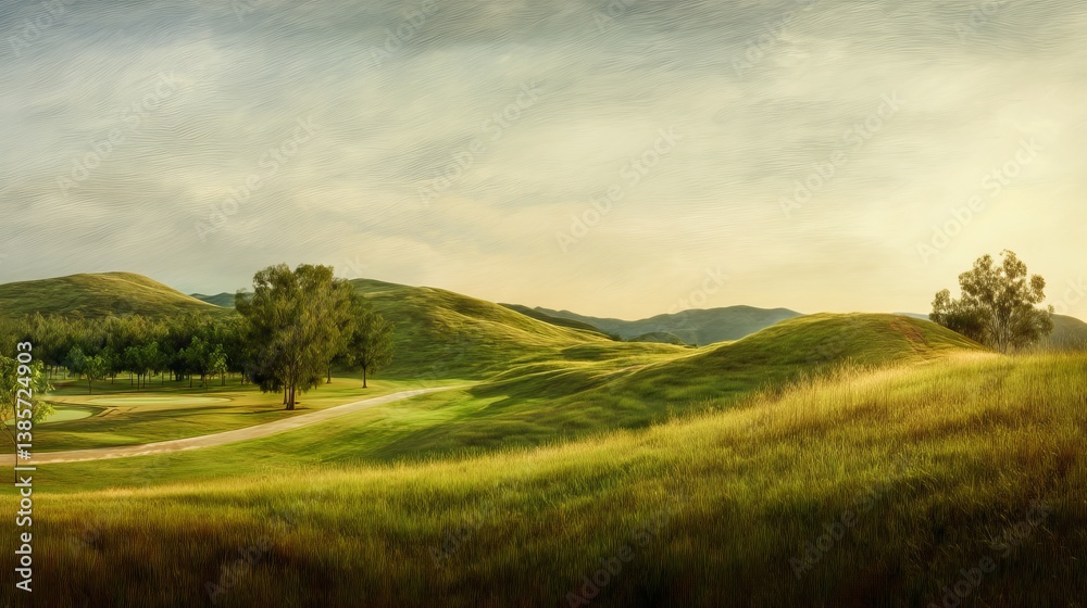 Fototapeta premium Serene countryside landscape at golden hour with soft warm sunlight and fine grain texture