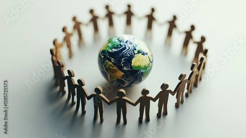Paper people holding hands around Earth globe