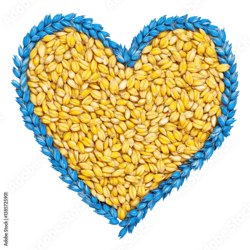 Heart of Grain: A symbolic representation of a heart is crafted from vibrant yellow grains, framed by a delicate border of blue elements, invoking feelings of hope and unity.