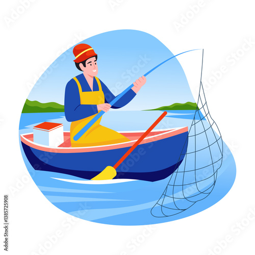 A flat illustration of a character fishing with a net
