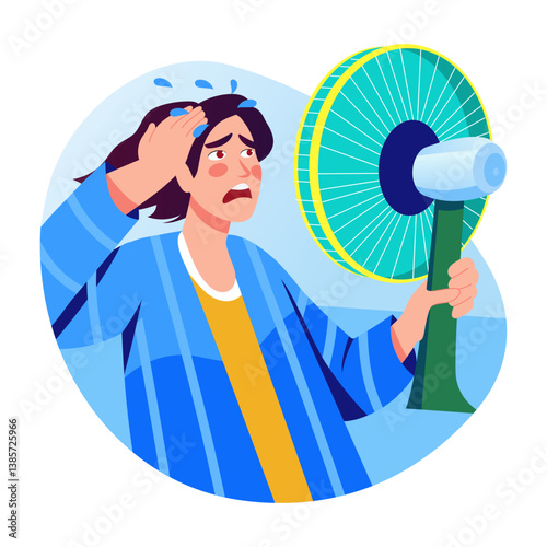 Flat illustration of a character holding a fan depicting hot weather