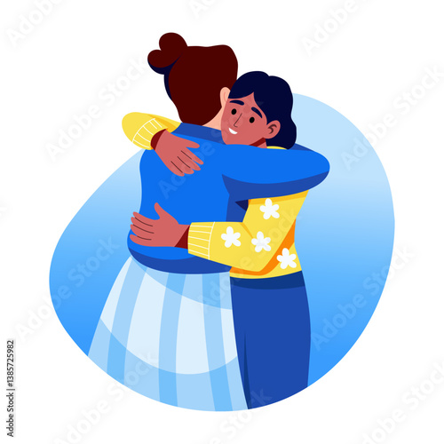 A flat style illustration of two characters hug with each other
