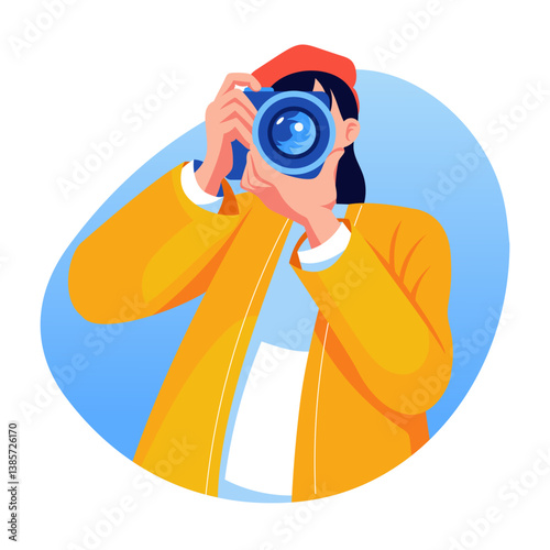 A flat style illustration of a character doing photography with camera