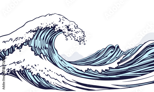 stylized illustration of ocean waves, showcasing dynamic movement and intricate details in blue and white tones, evoking sense of tranquility and power