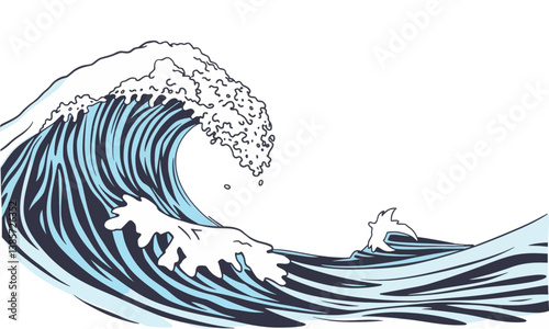 dynamic ocean wave illustration featuring swirling blue and white colors, capturing essence of movement and energy in nature