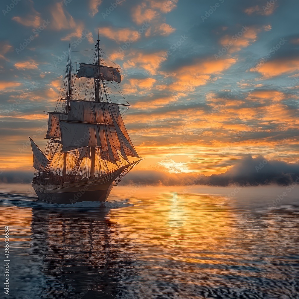 Obraz premium Majestic Sailing Ship Under Vibrant Sunrise Sky Over Calm Waters
