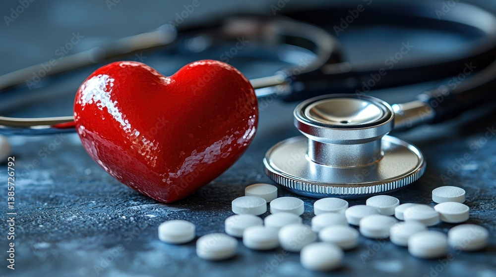 Health still life. Red heart, stethoscope, and pills on a textured surface Health still life. Red heart, stethoscope, and pills on a textured surface