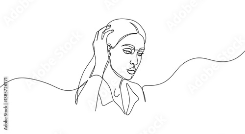 Minimalist line art of a woman adjusting her hair  