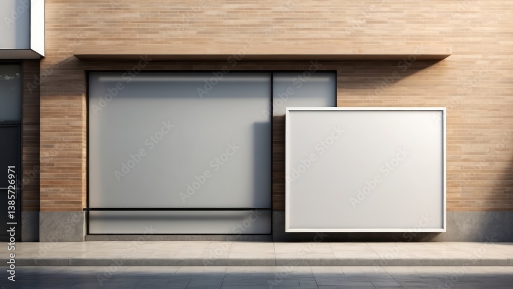 A blank wall-mounted billboard on the side of a modern store