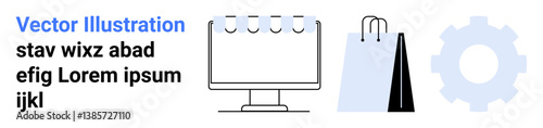 Calendar on computer screen, shopping bag, and gear icon symbolizing organization, e-commerce, business operations. Ideal for productivity, planning, workflow, shopping technology business simple