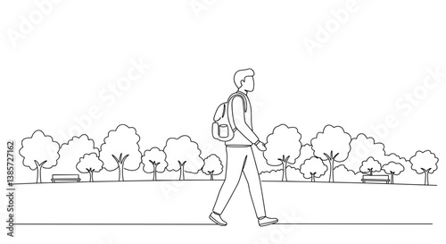 Man Walking in Park Landscape Illustration  