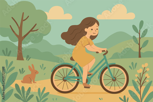 Serene summer ride with girl bicycling in nature