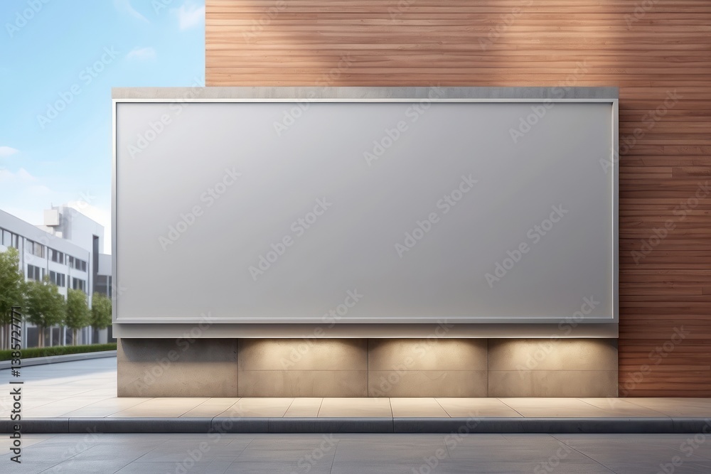 A blank wall-mounted billboard on the side of a modern store