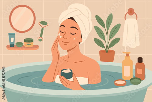 Relaxing skincare routine bliss in a minimalist bathroom setting with natural elements