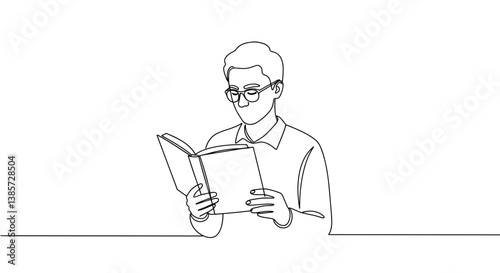 Line Art of Young Man Reading a Book  
