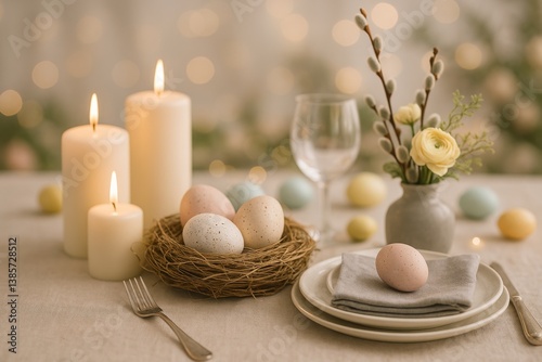Elegant Easter Table Setting With Candles, Flowers, and Decorative Bunny at C...