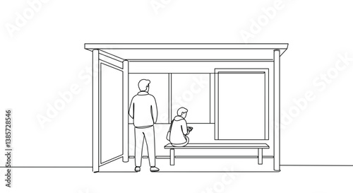One-Line Art Depicting Two Figures at a Minimalist Bus Stop  